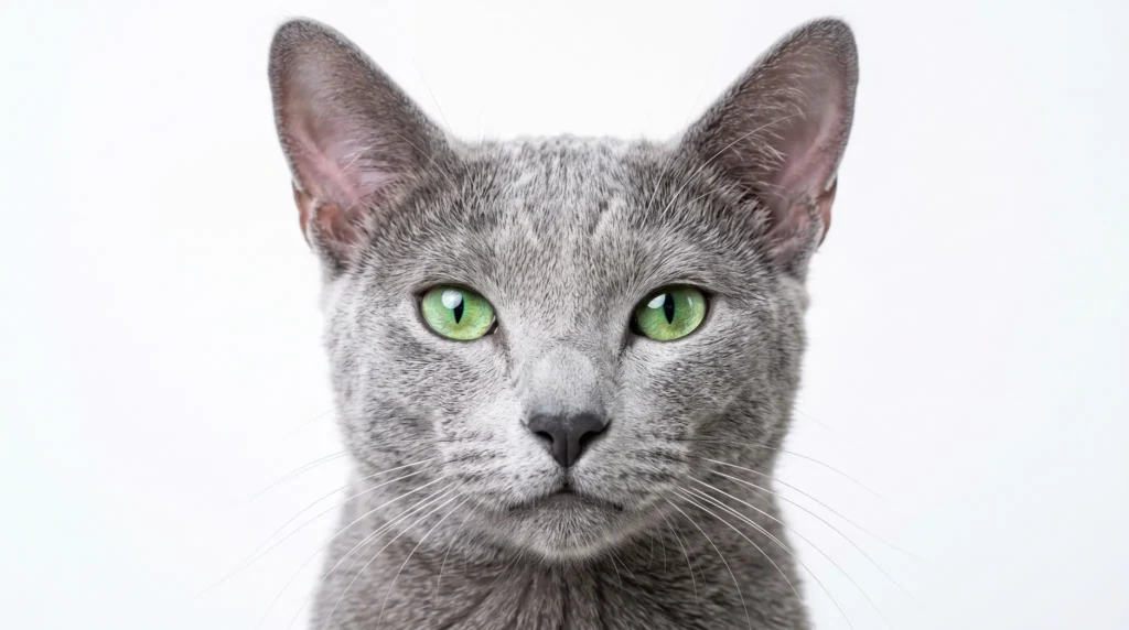 Close-up portrait of a Russian Blue cat showing emerald green eyes and dense blue-gray fur