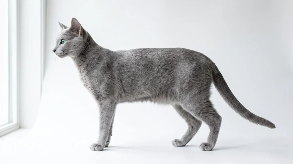 Adult Russian Blue cat standing in side profile with silver-blue coat and green eyes