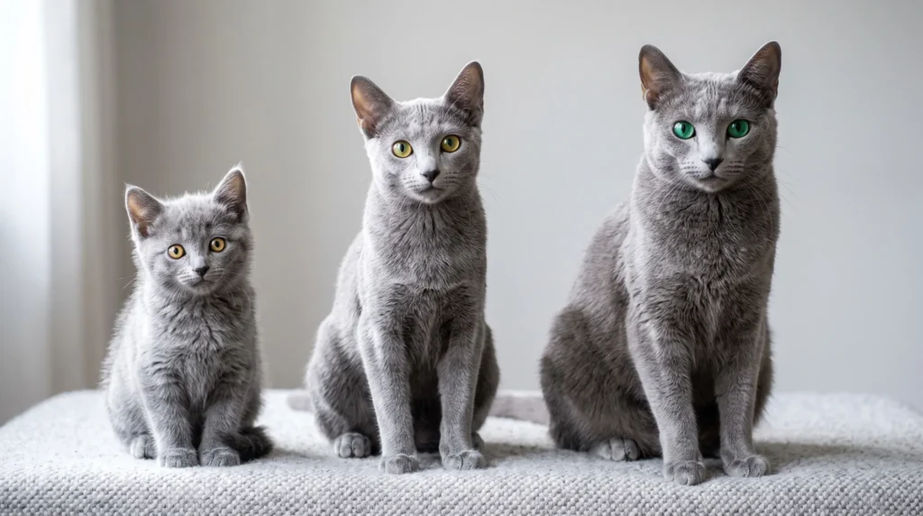 Russian Blue kitten with young and adult Russian Blue cats showing different growth stages