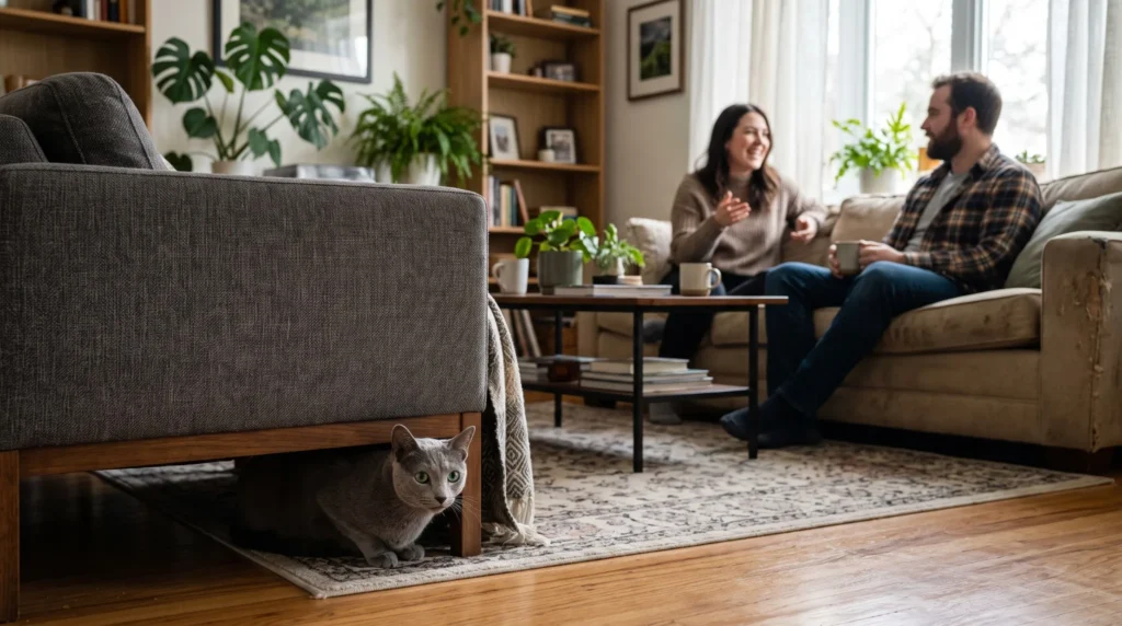 Russian Blue cat hiding beneath a chair while guests talk in the background, showing its naturally reserved personality.