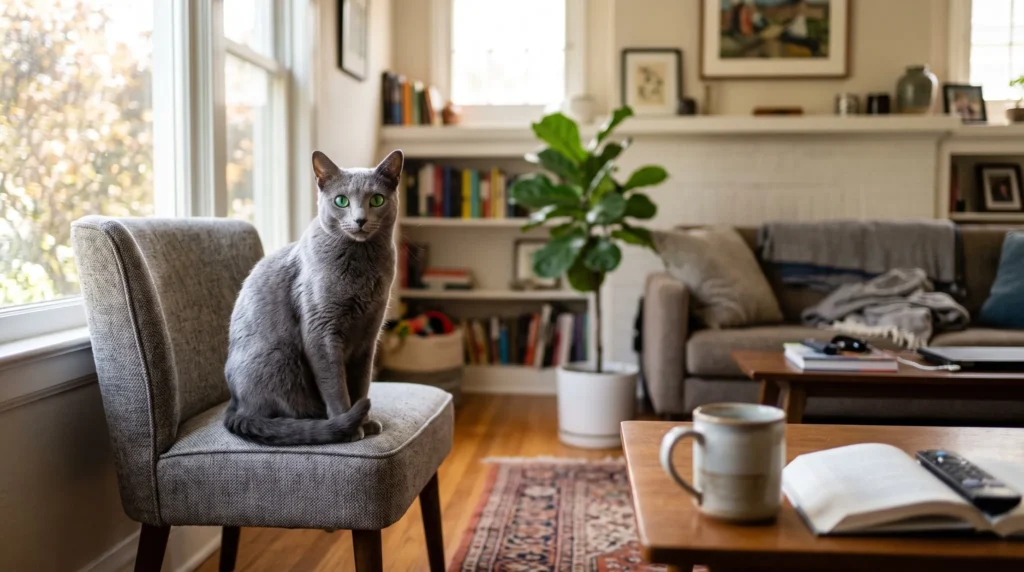 Russian Blue cat sitting on a chair in a cozy living room while quietly observing its owner with alert green eyes.