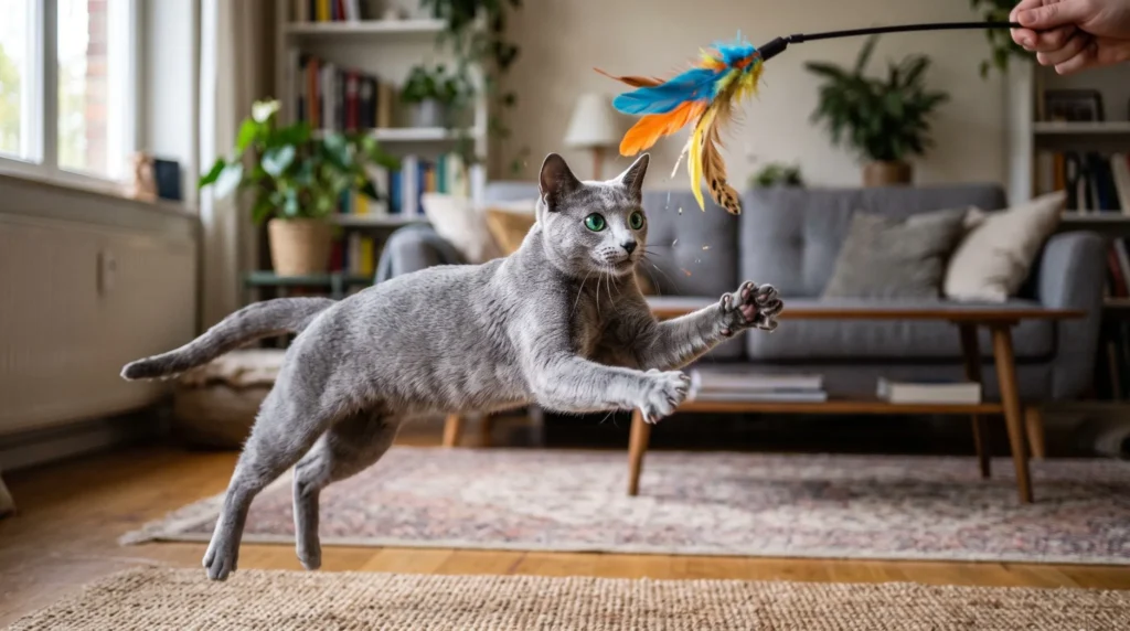 Russian Blue cat jumping to catch a colorful feather wand toy during an interactive indoor play session.