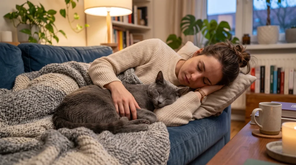 Russian Blue cat sleeping beside its owner on a cozy sofa, demonstrating the breed's loyal and affectionate personality.