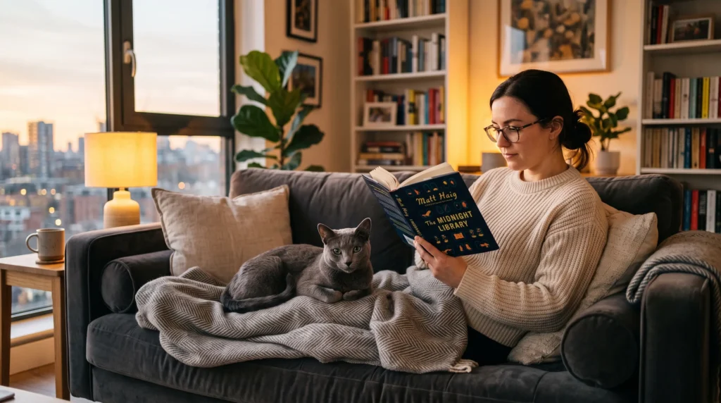 Russian Blue cat relaxing beside its owner in a cozy living room during the evening.