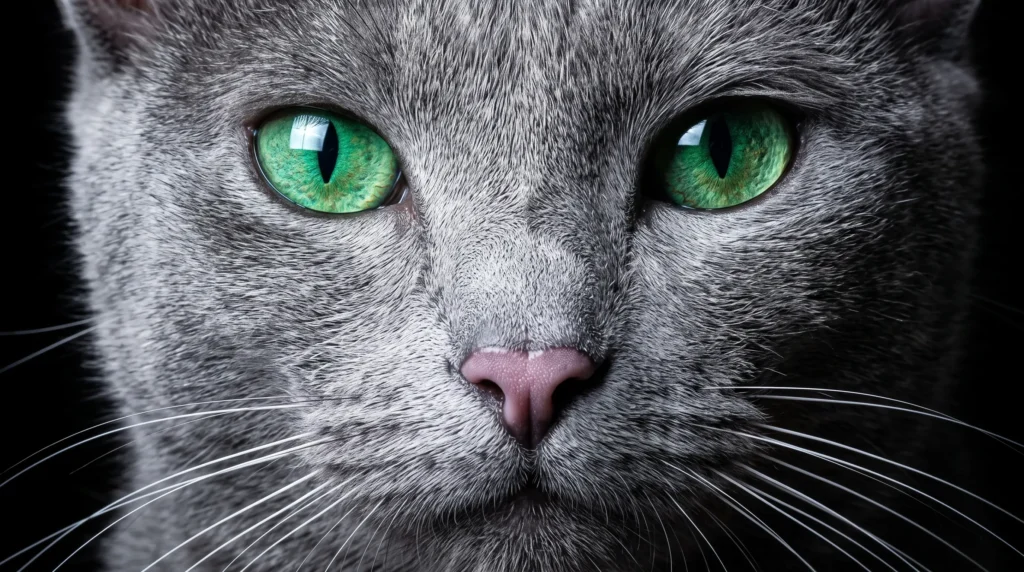 Close-up portrait of a Russian Blue cat highlighting emerald green eyes and silver-tipped blue fur.