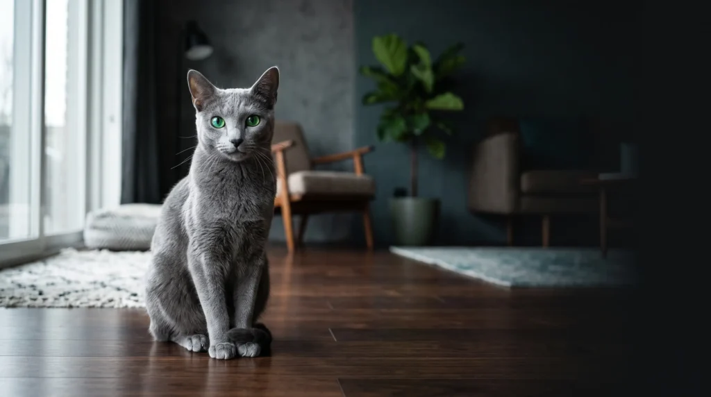 Adult Russian Blue cat with a shimmering silver-blue coat and emerald green eyes sitting in a modern home.