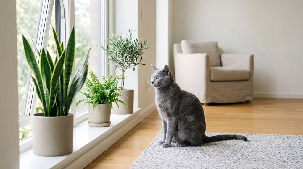 Healthy Russian Blue cat in a clean indoor environment illustrating its low-allergen characteristics.