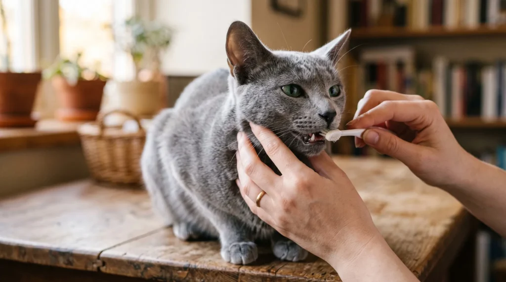 Owner brushing a Russian Blue cat's teeth as part of a regular dental care routine at home