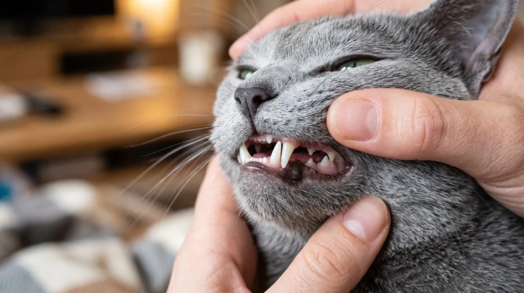 Owner gently checking the teeth and gums of a Russian Blue cat during a home oral health examination.