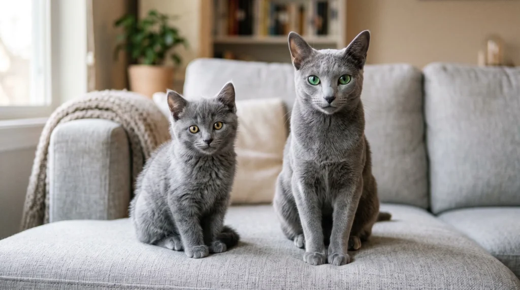 Adult Russian Blue cat sitting beside a Russian Blue kitten on a sofa inside a modern home