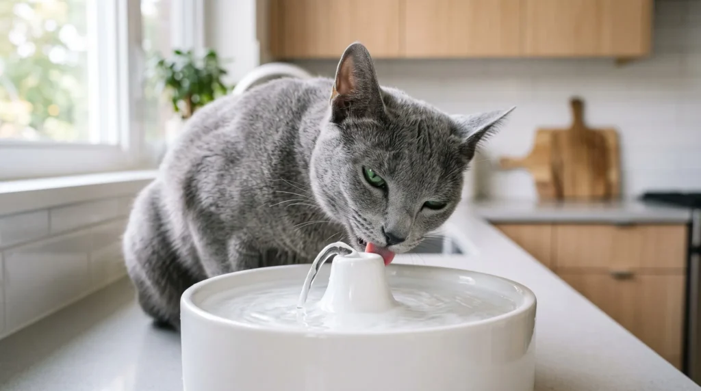 Russian Blue cat drinking fresh water from a pet fountain to stay hydrated and healthy.