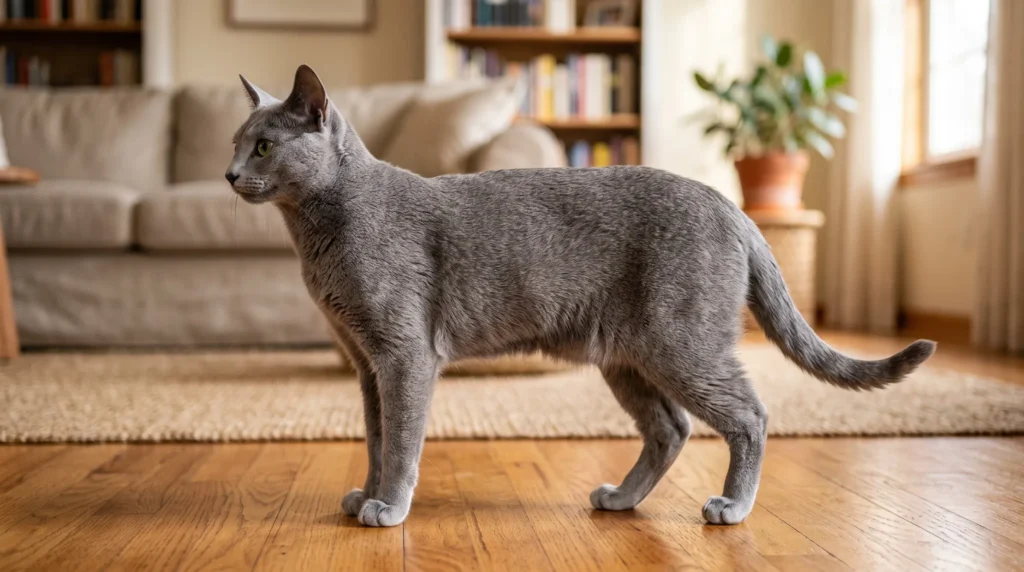 Side profile of an adult Russian Blue cat displaying its muscular body and silver-blue coat