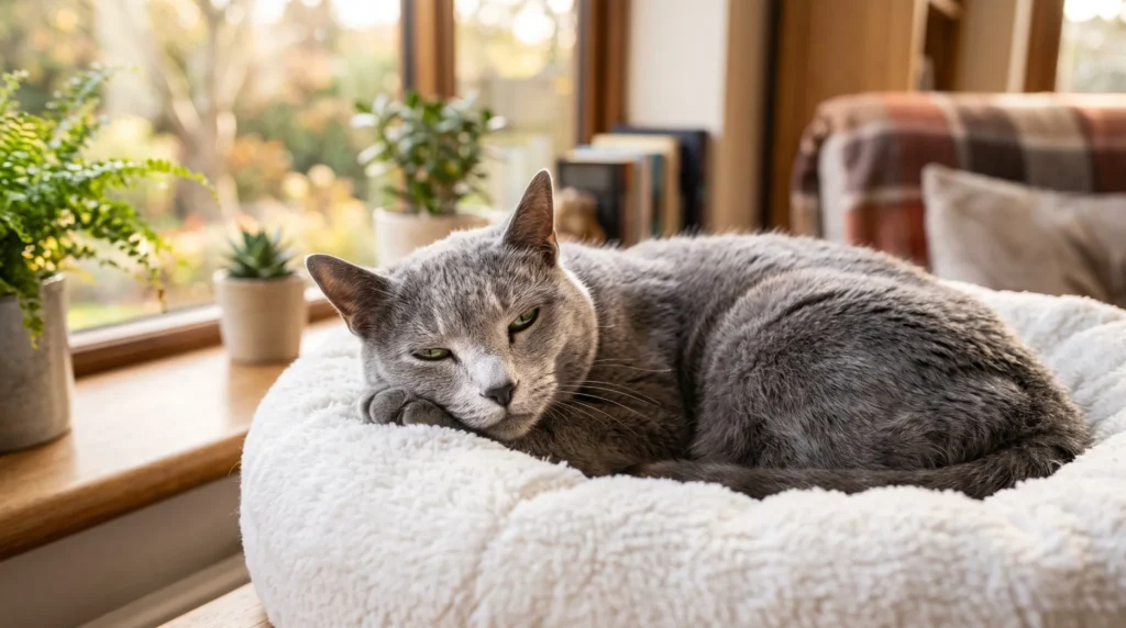 Healthy Russian Blue cat resting in a soft bed near a sunny window inside a peaceful home.