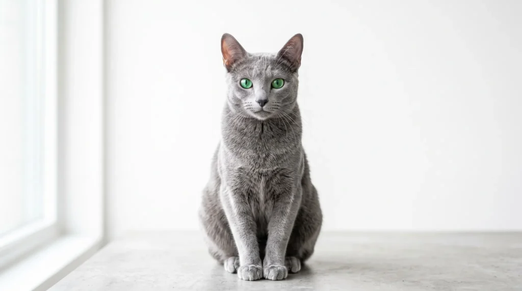 Healthy Russian Blue cat with emerald green eyes sitting upright indoors showing its elegant appearance