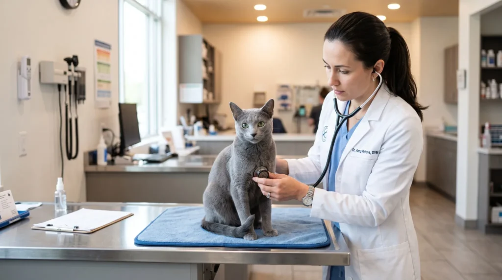 Veterinarian performing a routine health examination on a Russian Blue cat in a modern animal clinic.
