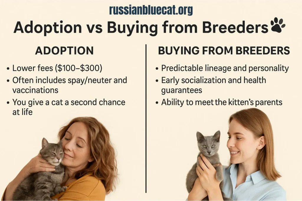 Infographic comparing adoption and buying a Russian Blue Cat. Adoption highlights lower fees, vaccinations, and giving a cat a second chance, while buying ensures predictable lineage, health guarantees, and early socialization.