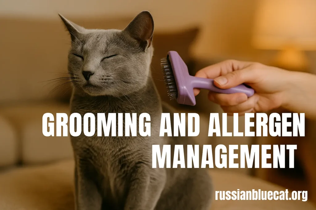 Russian Blue Cat sitting indoors with short silvery coat, representing common allergens and why this breed may be more allergy-friendly.