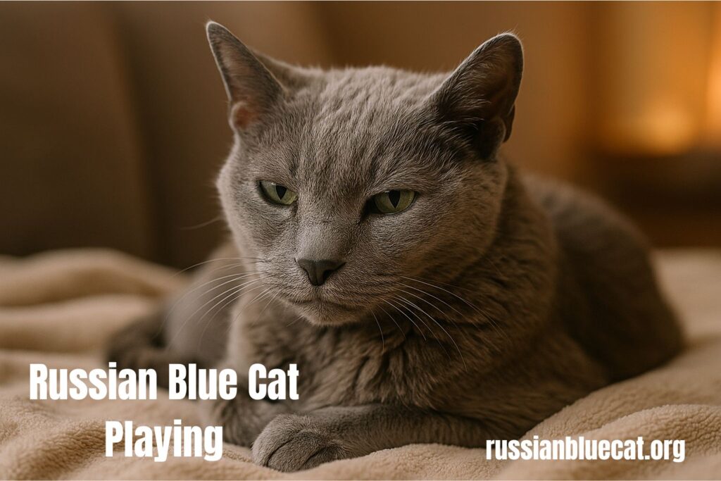 Russian Blue cat resting on a bed with a calm and playful expression