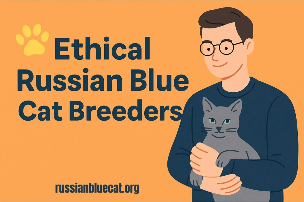 An illustrated graphic of a smiling man holding a Russian Blue Cat, with bold text "Ethical Russian Blue Cat Breeders" on an orange background.