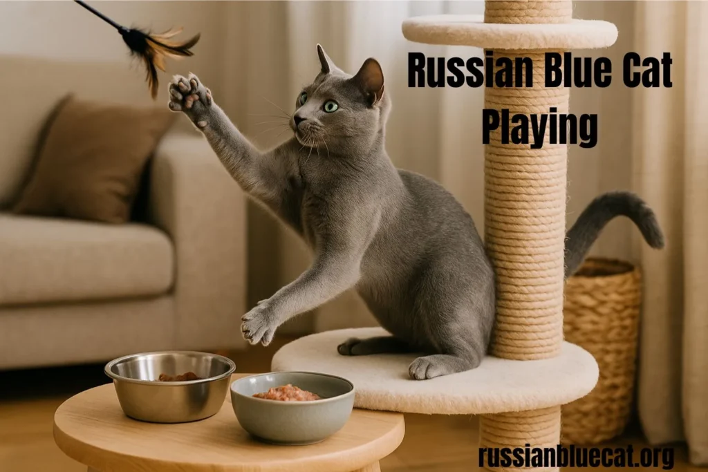 Russian Blue cat playing with a feather toy on a scratching post beside food bowls