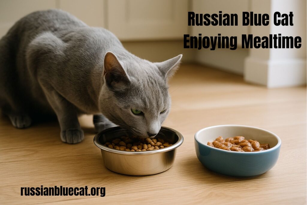 Russian Blue Cat eating kibble from a stainless steel bowl beside a ceramic bowl of wet food on a clean kitchen floor.