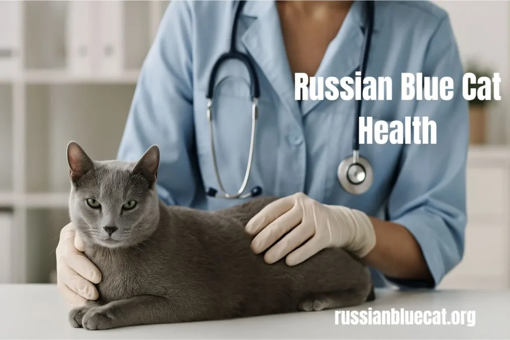 Russian Blue Cat lying calmly on a veterinary table while a vet in gloves and stethoscope examines it, text overlay “Russian Blue Cat Health.