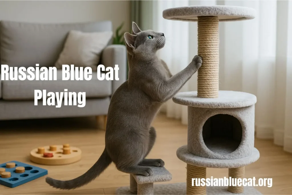 Russian Blue Cat playing gently with a young boy using a feather toy on the floor, text overlay “Russian Blue Cat Playing.