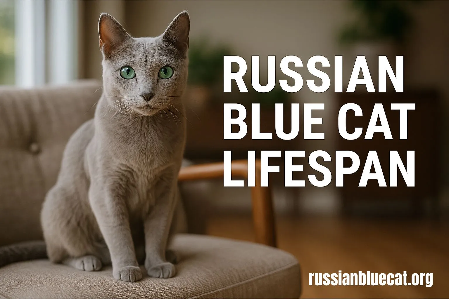 Russian Blue Cat with emerald-green eyes sitting gracefully on a chair indoors, used as a feature image for Russian Blue Cat lifespan article.