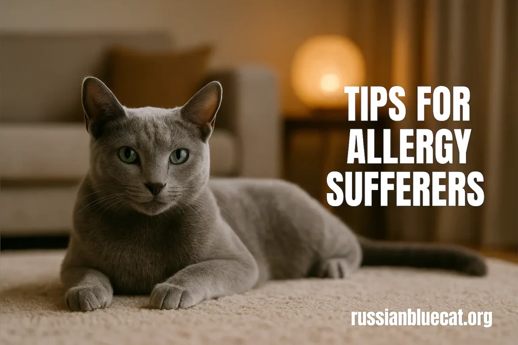 Russian Blue Cat lounging peacefully on a windowsill, sunlight highlighting its silver-blue coat and green eyes.