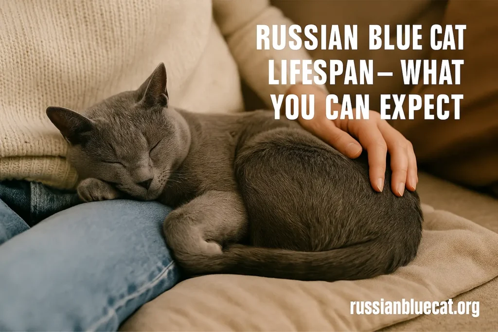 Russian Blue Cat curled up peacefully beside its owner on a sofa, being gently petted, symbolizing comfort, bonding, and long companionship.