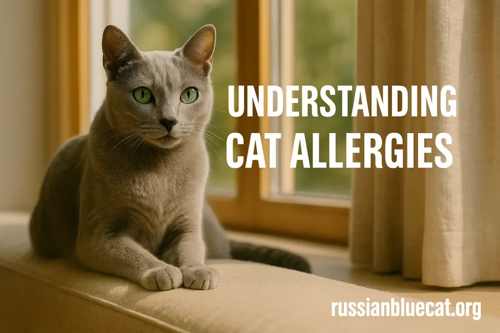 A Russian Blue Cat sitting peacefully on a beige windowsill with text “Understanding Cat Allergies,” representing allergy awareness.