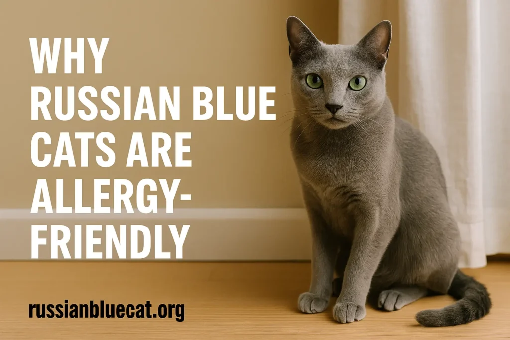Russian Blue cat sitting gracefully indoors with bold text highlighting why the breed is considered allergy-friendly.