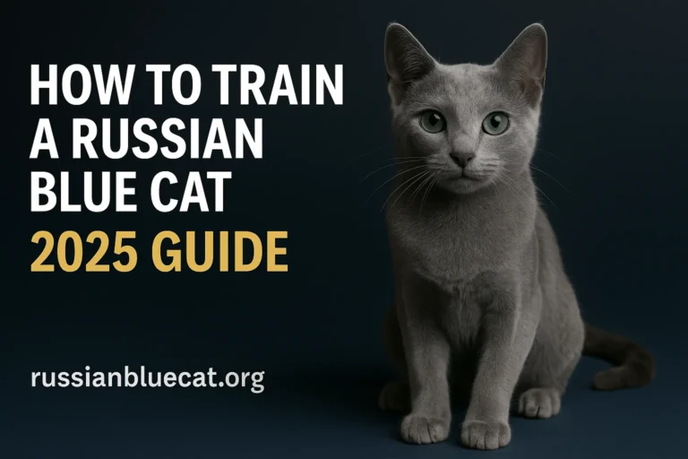 Feature image showing Russian Blue Cat with overlay text “How to Train a Russian Blue Cat – 2025 Guide”