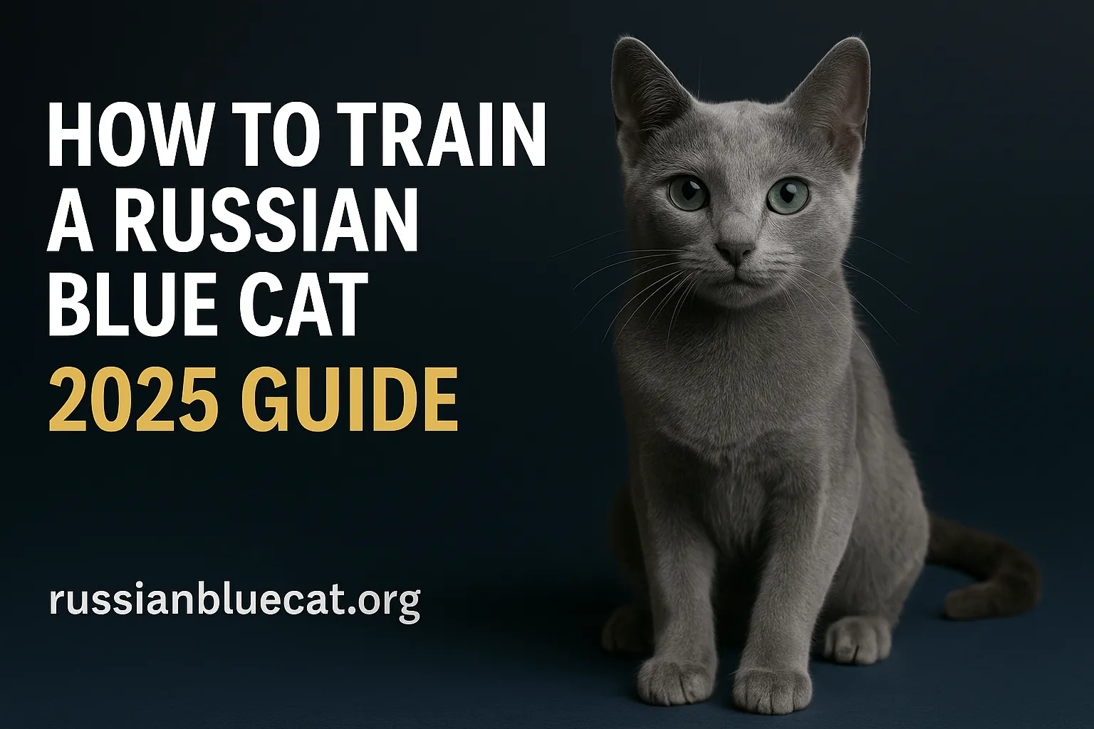 Feature image showing Russian Blue Cat with overlay text “How to Train a Russian Blue Cat – 2025 Guide”