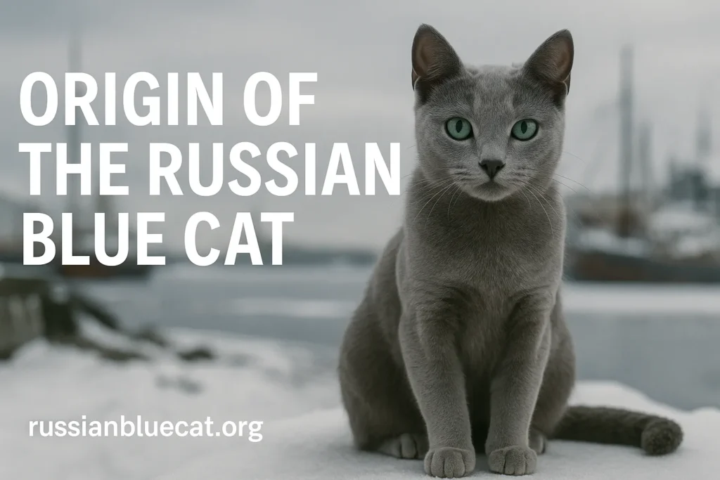 Russian Blue Cat in snowy Arkhangelsk harbor with overlay text Origin of the Russian Blue Cat