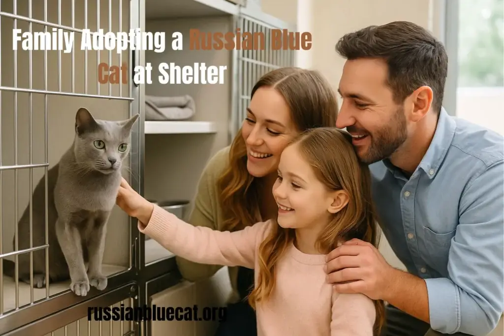 Happy family adopting a Russian Blue cat at a shelter, showing a child petting the cat through the kennel bars