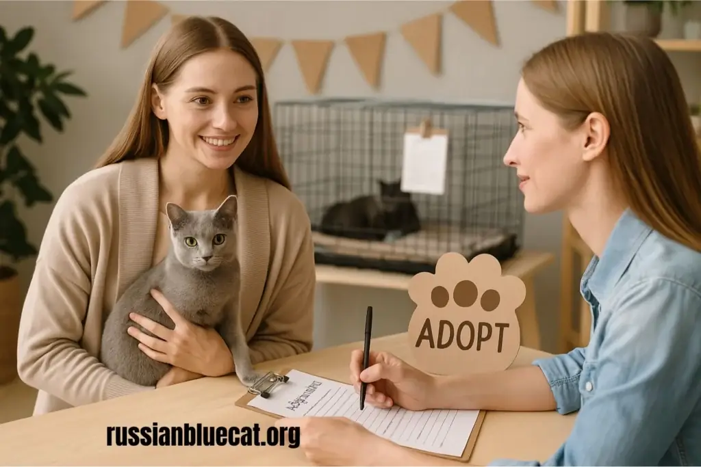 Woman adopting a Russian Blue cat at a shelter while signing adoption papers