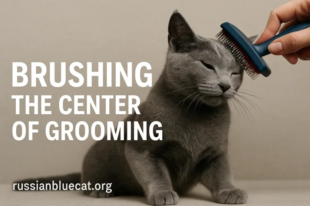 Russian Blue Cat being brushed with slicker brush showing coat care