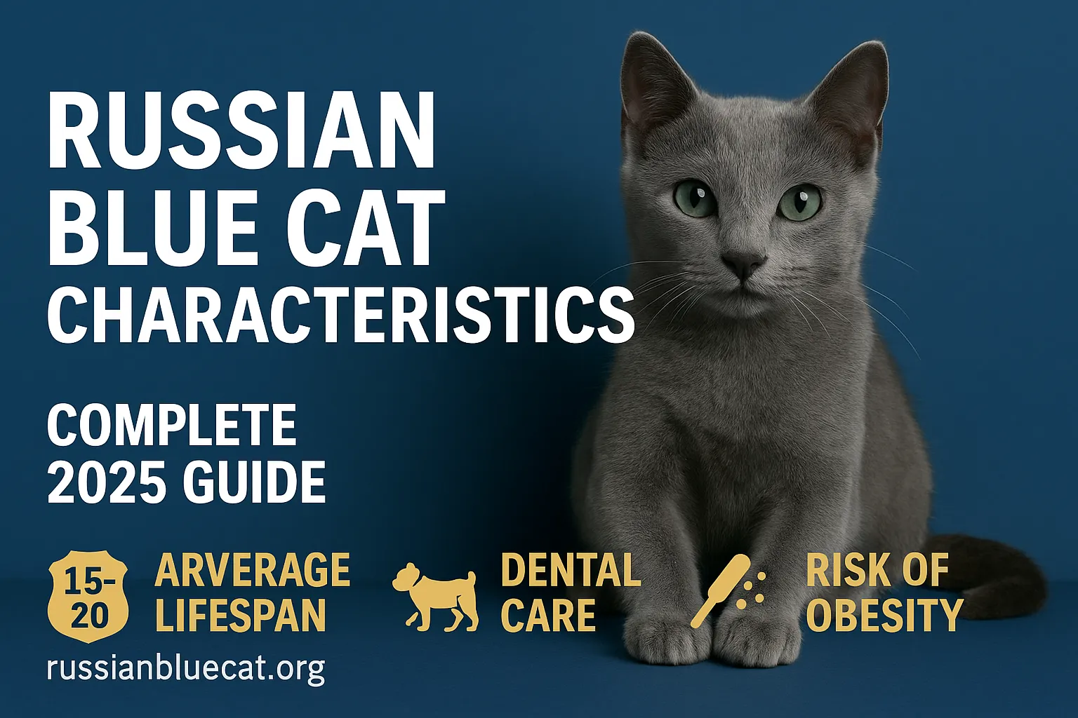 Feature image of Russian Blue Cat with overlay text Russian Blue Cat Characteristics Complete 2025 Guide
