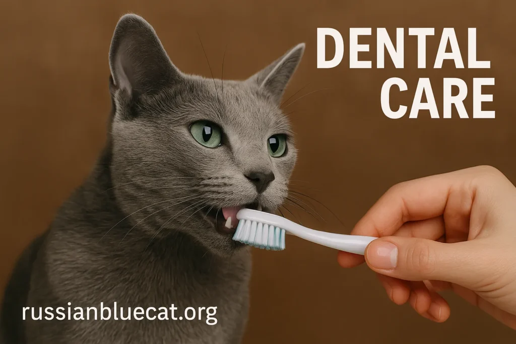Russian Blue Cat receiving dental care with toothbrush and overlay text Dental Care