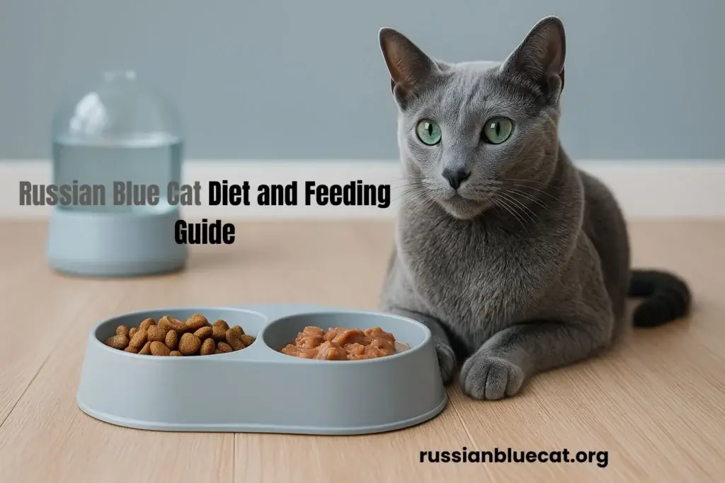 Russian Blue cat sitting beside a dual food bowl with dry and wet food, illustrating diet and feeding guide