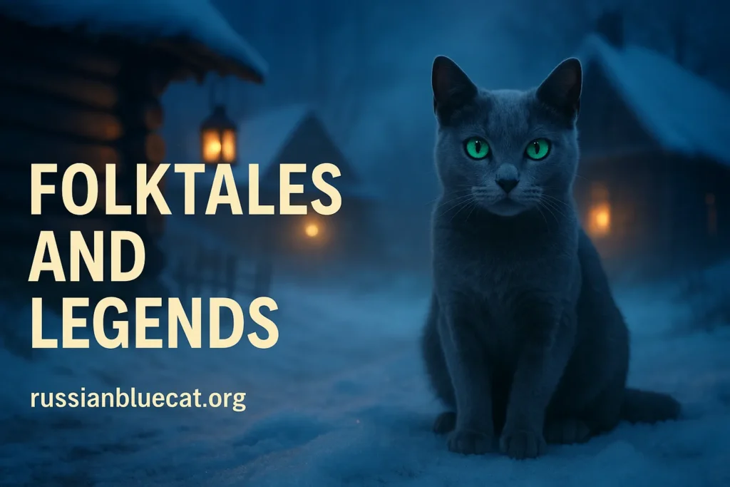 Russian Blue Cat in a mystical Russian folklore village scene with overlay text Folktales and Legends