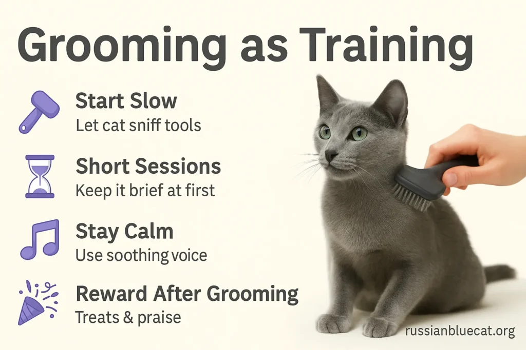 Russian Blue Cat being brushed with infographic tips showing grooming as a training activity