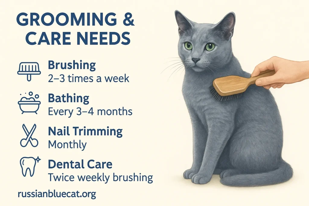 Infographic showing Grooming & Care Needs of Russian Blue Cat being brushed