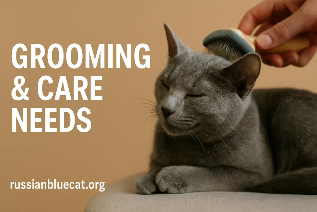 Russian Blue Cat being brushed with overlay text Grooming & Care Needs
