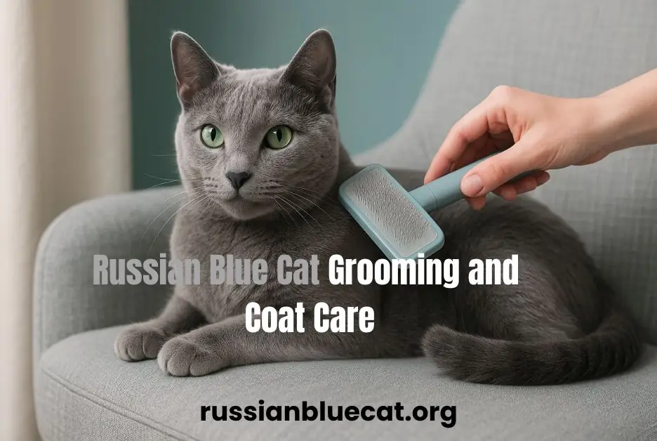 Russian Blue cat sitting calmly on a sofa while being brushed for grooming and coat care"Placement: Use in the Grooming section of your article to visually support coat maintenance tips.