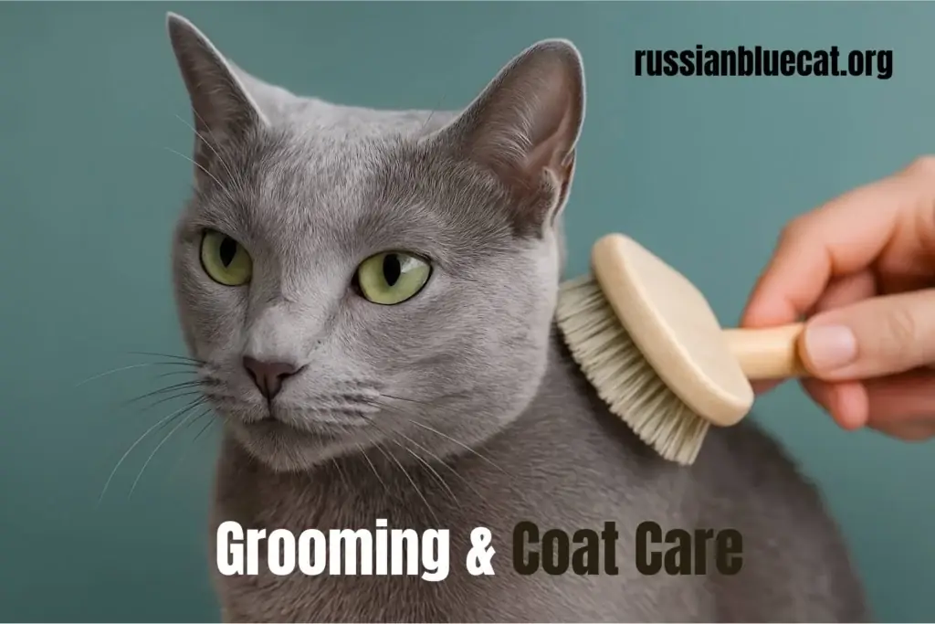Russian Blue cat being gently brushed for grooming and coat care