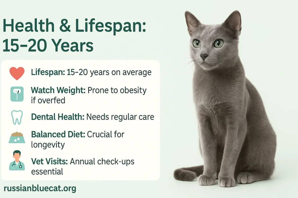 Infographic showing Health & Lifespan of Russian Blue Cats with key health tips
