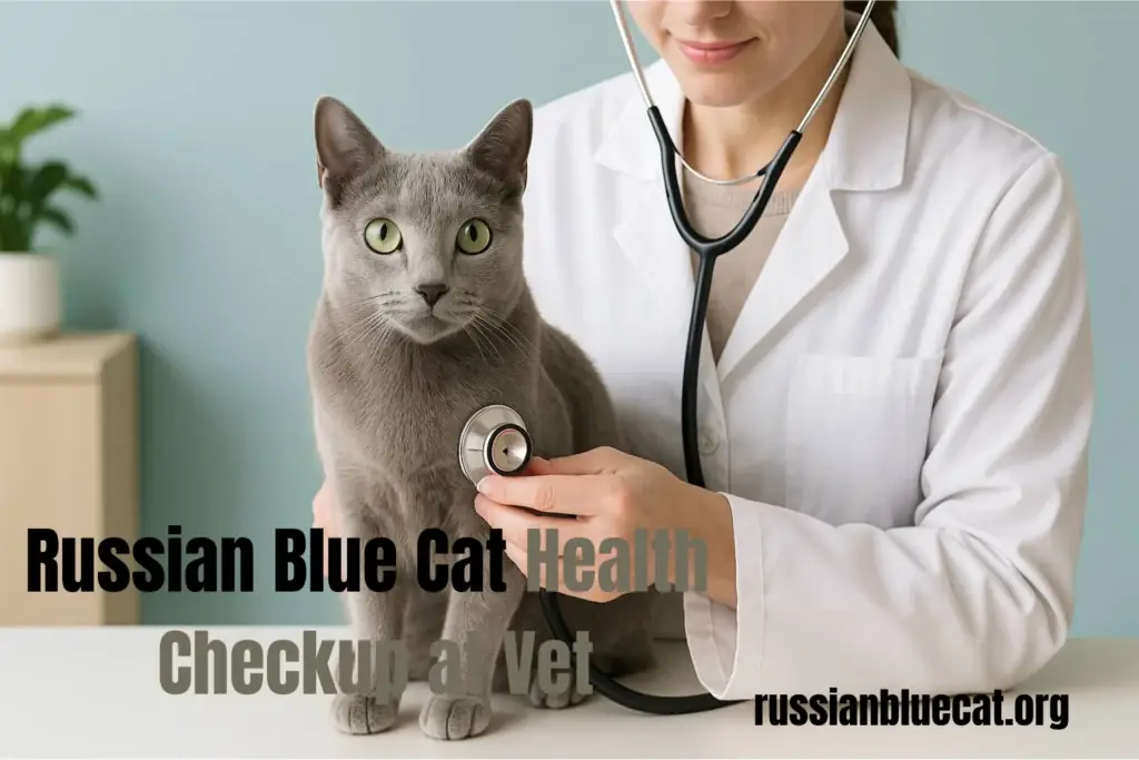 Russian Blue cat getting a health checkup at the vet with a stethoscope