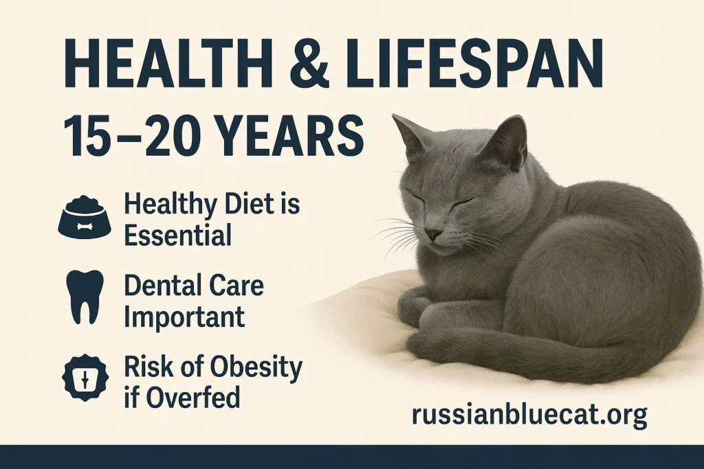 Russian Blue Cat infographic showing health tips and lifespan 15–20 years
